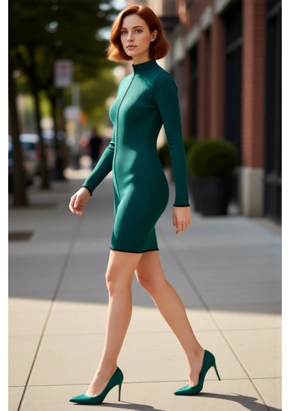 Kadın Uzun Kollu Bodycon Dik Yaka Triko Elbise Mini Boy Fitilli Tasarımıyla Kış Günleri Için Ideal modelleri