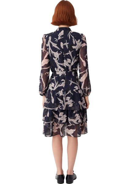 Kadın Skater Kesim Astarlı Dik Yaka Balon Kol Çiçek Desenli Fırfırlı Şifon Midi Elbise Kaliteli modelleri