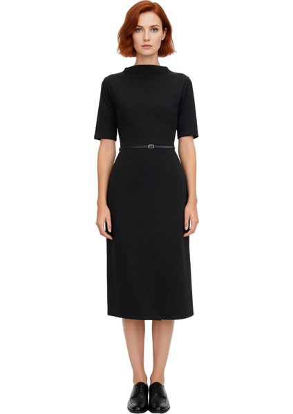 Kadınlar Için Dik Yaka Bodycon Midi Elbise Kemerli Anvelop Kesim Standart Kol Şıklığı Kaliteli