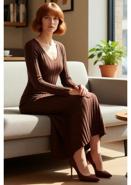 Kadınlar Için Bodycon Kesim V Yaka Düz Desen Uzun Kollu Maxi Triko Elbise Kışlık Zarafet Kaliteli