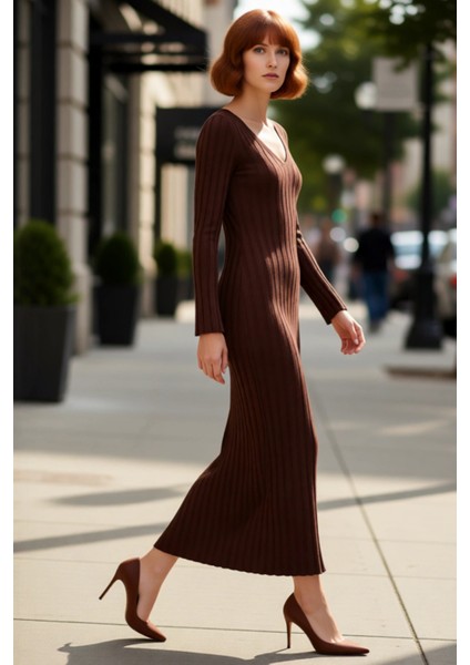 Kadınlar Için Bodycon Kesim V Yaka Düz Desen Uzun Kollu Maxi Triko Elbise Kışlık Zarafet Kaliteli fırsatları