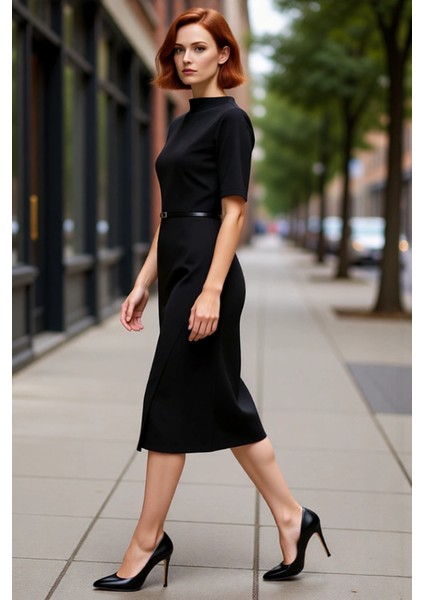 Kadınlar Için Dik Yaka Bodycon Midi Elbise Kemerli Anvelop Kesim Standart Kol Şıklığı Kaliteli modelleri