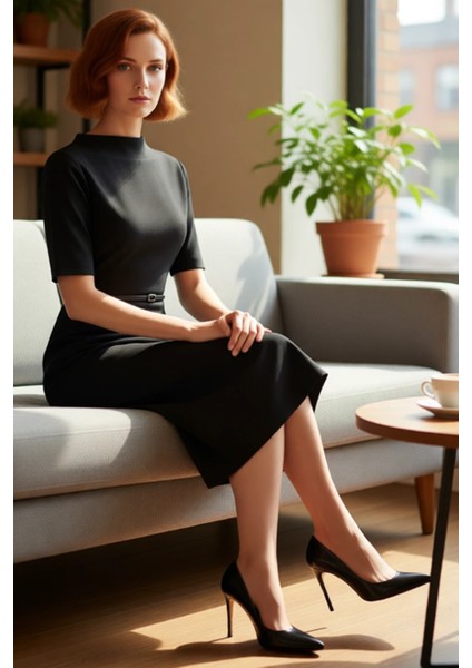 Kadınlar Için Dik Yaka Bodycon Midi Elbise Kemerli Anvelop Kesim Standart Kol Şıklığı Kaliteli fırsatları