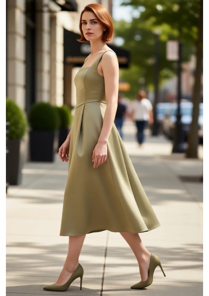 Kadın Skater Kalıp Midi Boy Saten Dokuma Kare Yaka Kokteyl Şık Mezuniyet Elbisesi Kalın Askılı