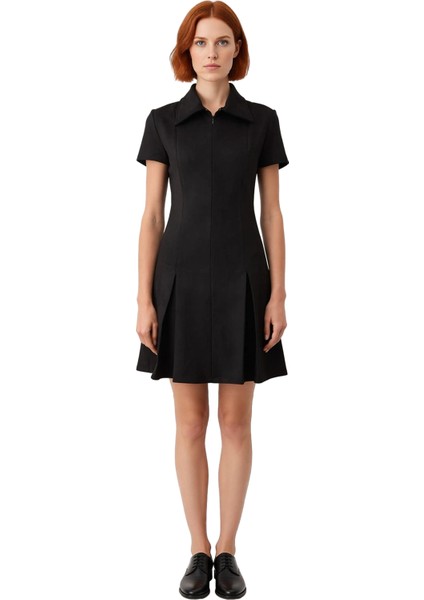 Kadın Siyah Gömlek Yaka Düz Yarım Fermuarlı Kısa Mini Süet Dokulu Örme A Line Elbise Kaliteli fiyatları