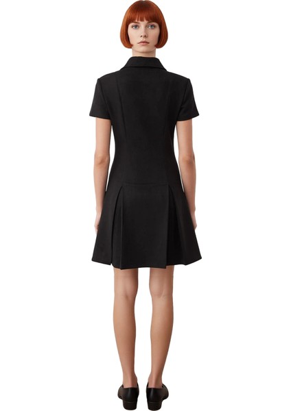 Kadın Siyah Gömlek Yaka Düz Yarım Fermuarlı Kısa Mini Süet Dokulu Örme A Line Elbise Kaliteli modelleri