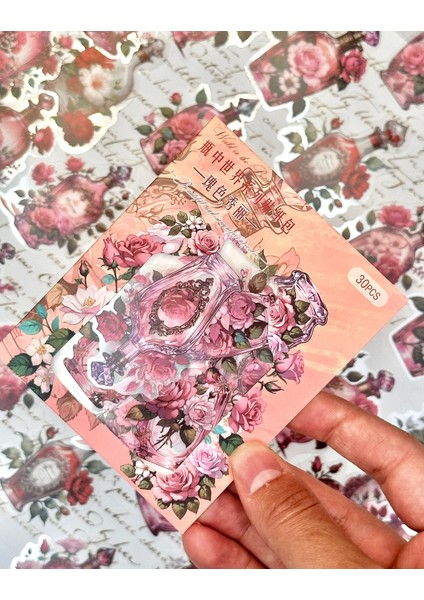 Vintage Gül Şişesi–romantik Dokunuş Temalı Sticker Seti 30 Adet/bullet Journal/etiket/çıkartma