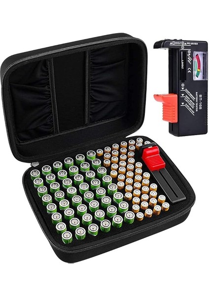Pil Saklama Kutusu, Taşıma Çantası, Pil Kutusu, 48 x Aaa Için, Toplam 96 Pil Için, Pil Test Cihazı Ile, Diğer Aksesuarlar Için Ek 2 Cep