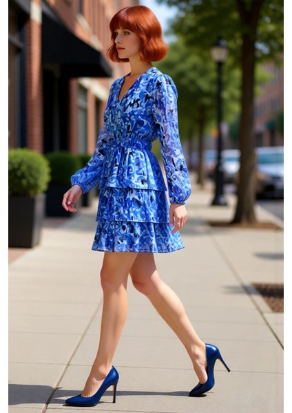 Kadın V Yaka Uzun Kollu Astarlı Skater Elbise Etnik Desenli Mini Boy Şifon Dokuma Tasarım Kaliteli fırsatları