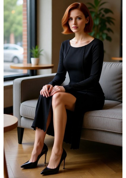 Kadın Bodycon Kesim Kayık Yaka Örme Elbise Uzun Kollu Midi Boy Yırtmaçlı Kışlık Şık ve Konforlu