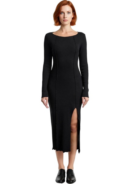 Kadın Bodycon Kesim Kayık Yaka Örme Elbise Uzun Kollu Midi Boy Yırtmaçlı Kışlık Şık ve Konforlu fiyatları