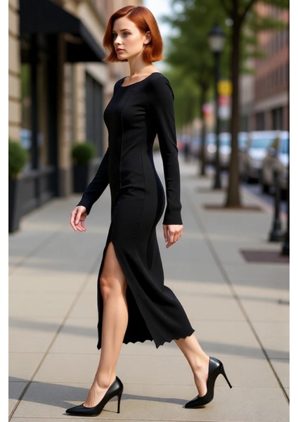 Kadın Bodycon Kesim Kayık Yaka Örme Elbise Uzun Kollu Midi Boy Yırtmaçlı Kışlık Şık ve Konforlu fırsatları