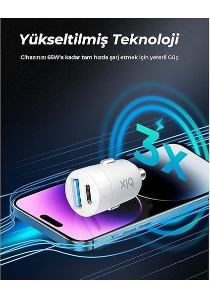 BXAC65C 65W Pd Type-C &amp; 18W Usb-A Girişli Çift Portlu Hızlı Şarj Özellikli Araç Içi Şarj Cihazı Beyaz modelleri