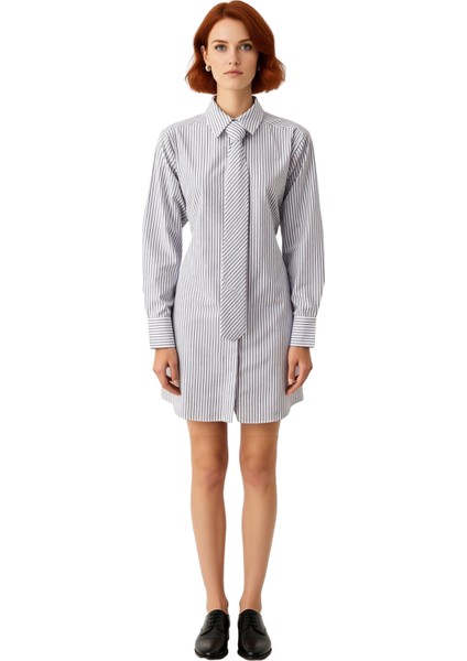Kadın Mini Dokuma Elbise Beyaz Gri Çizgili Gömlek Yaka Casual Günlük Kışlık Fashion Forward Tarzı fiyatları