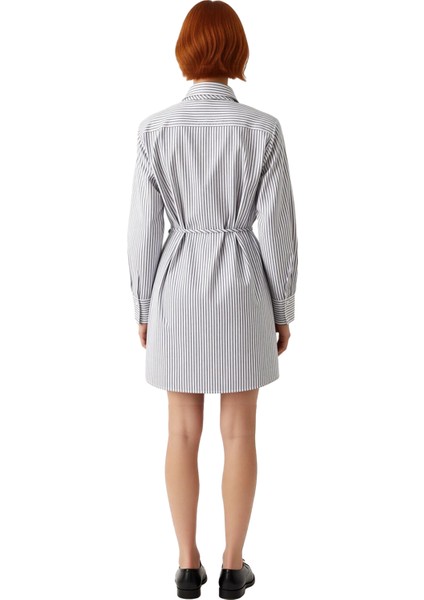 Kadın Mini Dokuma Elbise Beyaz Gri Çizgili Gömlek Yaka Casual Günlük Kışlık Fashion Forward Tarzı modelleri