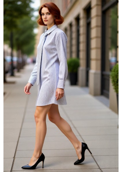 Kadın Mini Dokuma Elbise Beyaz Gri Çizgili Gömlek Yaka Casual Günlük Kışlık Fashion Forward Tarzı fırsatları