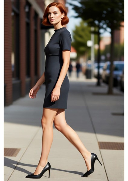 Kadın Dik Yaka Kısa Kollu Mini Örme Elbise Shift Kalıp Nervürlü Tasarım Selanik Dokulu Günlük Şıklık fırsatları