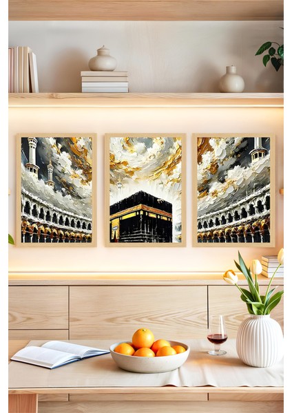 🕋 Kâbe Manzaralı 3’lü Tablo Seti–manevi Atmosferin Şıklığıyla Buluşması Çerçeve Efektli🌟 CRVS1227 13 x 17
