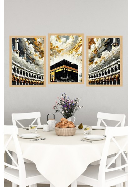 🕋 Kâbe Manzaralı 3’lü Tablo Seti–manevi Atmosferin Şıklığıyla Buluşması Çerçeve Efektli🌟 CRVS1227 13 x 17 indirimleri