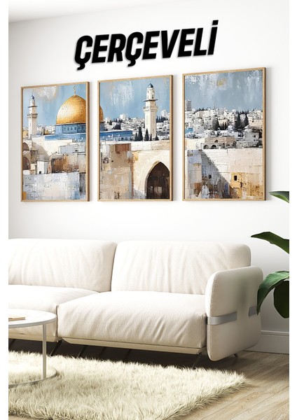 🕌 Kudüs Manzaralı 3’lü Tablo Seti – Doğal Çam Ahşap Çerçeveli 🌟🌸 CRV1239 23 x 32