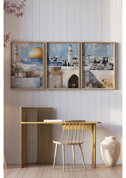 🕌 Kudüs Manzaralı 3’lü Tablo Seti – Doğal Çam Ahşap Çerçeveli 🌟🌸 CRV1239 23 x 32 fiyatları