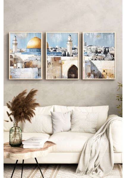 🕌 Kudüs Manzaralı 3’lü Tablo Seti – Doğal Çam Ahşap Çerçeveli 🌟🌸 CRV1239 23 x 32 fırsatları
