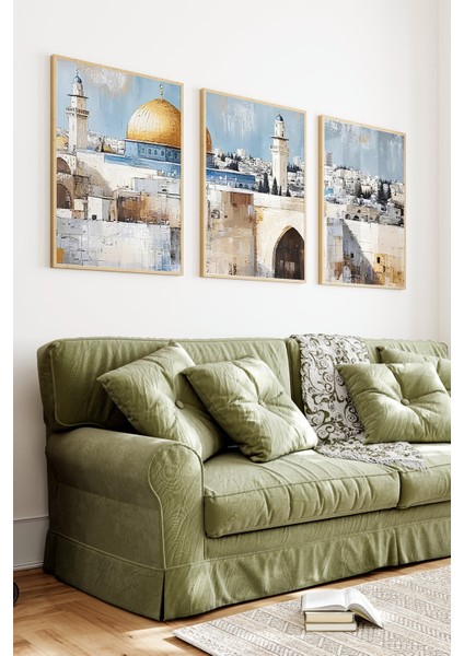 🕌 Kudüs Manzaralı 3’lü Tablo Seti – Doğal Çam Ahşap Çerçeveli 🌟🌸 CRV1239 23 x 32 indirimleri