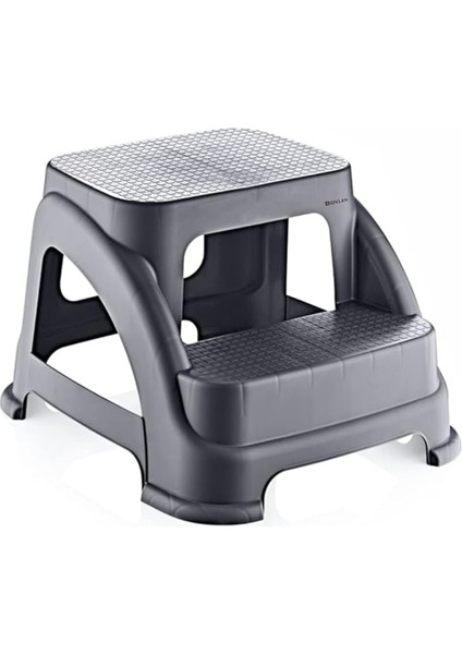 Iki Basamaklı Kaymaz Tabure - 120 kg Taşıma Kapasiteli - Basamaklı Tabure - Sert Plastik (Antrasit)