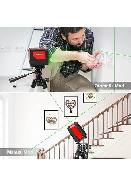 KBL92G 30 Metre Profesyonel Yatay ve Dikey Otomatik Hizalamalı Yeşil Çapraz Çizgi Lazer, 2 Noktalı Şakül Lazer Distomat + Mini Tripod, Kırmızı/siyah modelleri