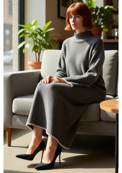 Kadın Casual Dik Yaka Düşük Kollu Maxi Boy Triko Elbise Rahat Shift Kalıp Kış Kombinleri Için fırsatları