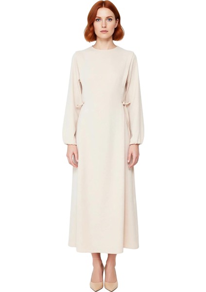 Kadın Beli Ip Bağlama Detaylı Uzun Balon Kol Aerobin Dokuma Maxi Shift Elbise Ilkbahar Sonbahar