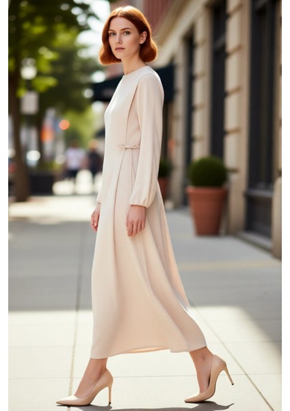 Kadın Beli Ip Bağlama Detaylı Uzun Balon Kol Aerobin Dokuma Maxi Shift Elbise Ilkbahar Sonbahar modelleri