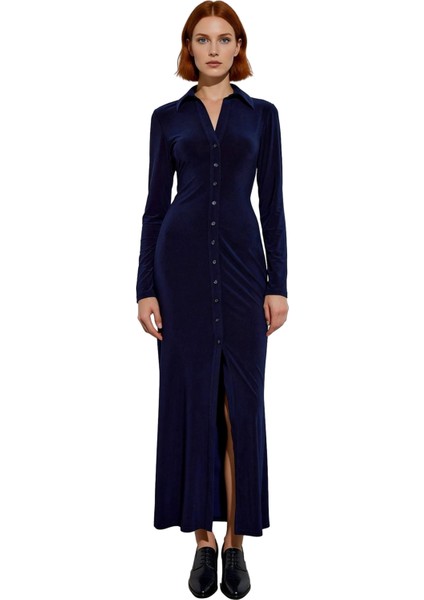 Kadın Kışlık Bodycon Maxi Elbise Polo Yaka Uzun Kol Düz Örme Şık ve Konforlu Günlük Stil Kaliteli