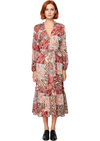 Kadın Bohem Şal Desenli Kuşaklı Midi Dokuma Elbise V Yaka Astarlı Uzun Kollu A Kesim Şifon Günlük