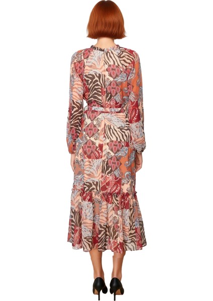 Kadın Bohem Şal Desenli Kuşaklı Midi Dokuma Elbise V Yaka Astarlı Uzun Kollu A Kesim Şifon Günlük fiyatları