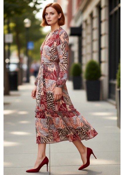 Kadın Bohem Şal Desenli Kuşaklı Midi Dokuma Elbise V Yaka Astarlı Uzun Kollu A Kesim Şifon Günlük modelleri