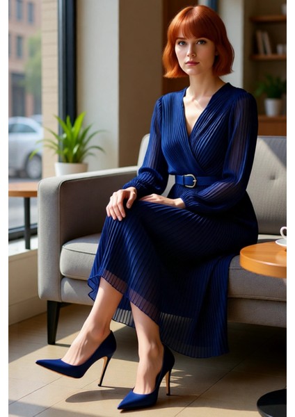 Kadın Şifon Dokuma Kemerli Astarlı Piliseli Kruvaze Yaka Maxi Elbise Özel Davetler Için Ideal fırsatları