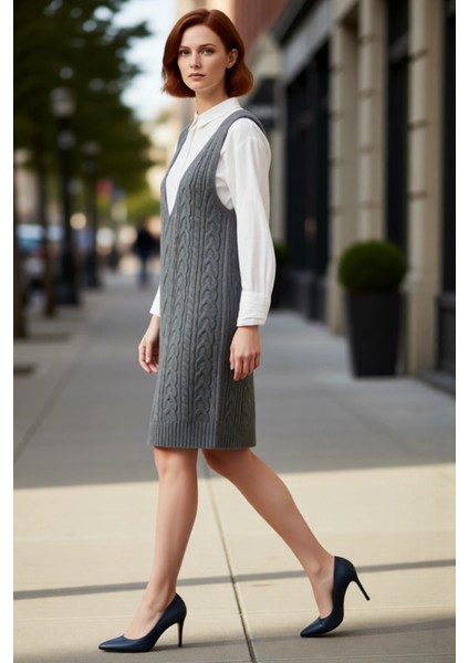 Kadınlara Özel Antrasit Triko Saç Örgü V Yaka Jile Elbise Günlük Bahar Güz Konforu Kaliteli fırsatları