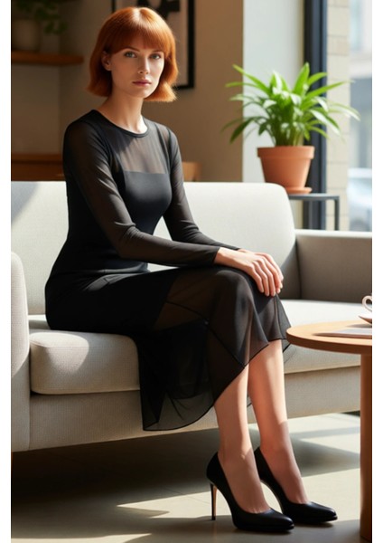 Kadın Bodycon Midi Elbise Astarlı Tül Dokulu Uzun Kollu Bisiklet Yaka Desenli Kışlık Zarif Giyim