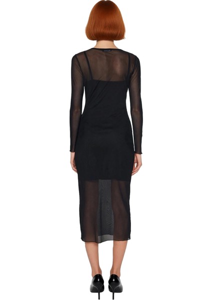 Kadın Bodycon Midi Elbise Astarlı Tül Dokulu Uzun Kollu Bisiklet Yaka Desenli Kışlık Zarif Giyim modelleri