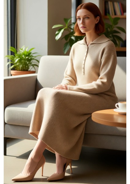 Kadınlara Özel Fashion Forward Gömlek Yaka Uzun Kollu Düz Selanik Triko Maxi Elbise Kış Konforu