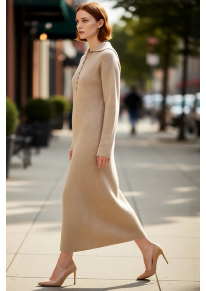 Kadınlara Özel Fashion Forward Gömlek Yaka Uzun Kollu Düz Selanik Triko Maxi Elbise Kış Konforu fırsatları