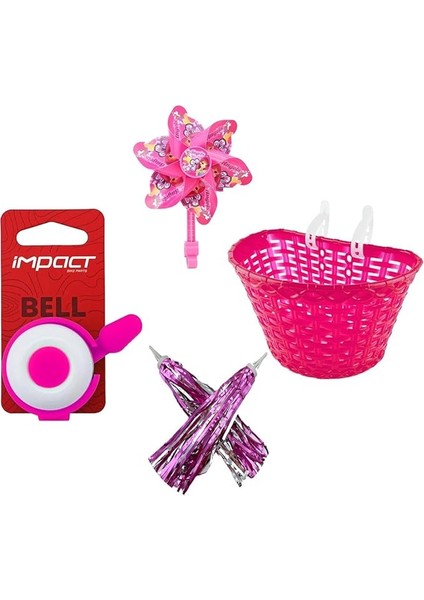 Jant Uyumlu Kız Çocuk Bisikleti Aksesuar Seti Pembe(Püskül-Rüzgar Gülü-Ön Sepet-Zil)