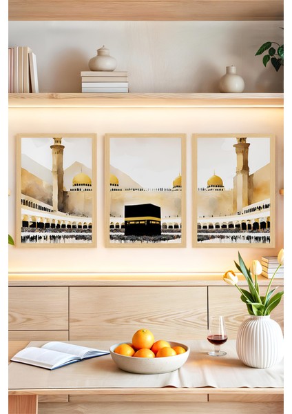 📌 Kâbe Manzaralı 3’lü Tablo Seti – Islami ve Huzur Veren Dekor 🌙🕋🌟 CRVS1205 13 x 17