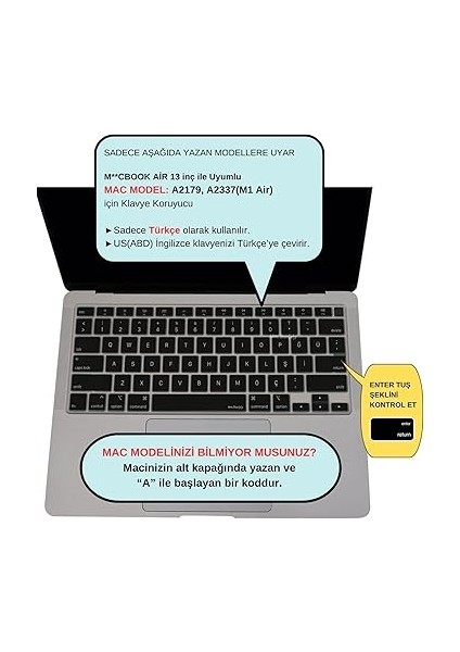 Macbook Air M1 13INÇ Klavye Koruyucu Touchıd'li (Us To Tr) A2179 A2337 ile Uyumlu Siyah fiyatları