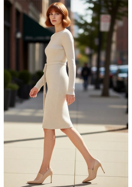 Kadın Düz Desen Akrilik Triko Midi Elbise Kuşaklı Uzun Kollu Rahat Bodycon Kesim Ilkbahar Sonbahar modelleri