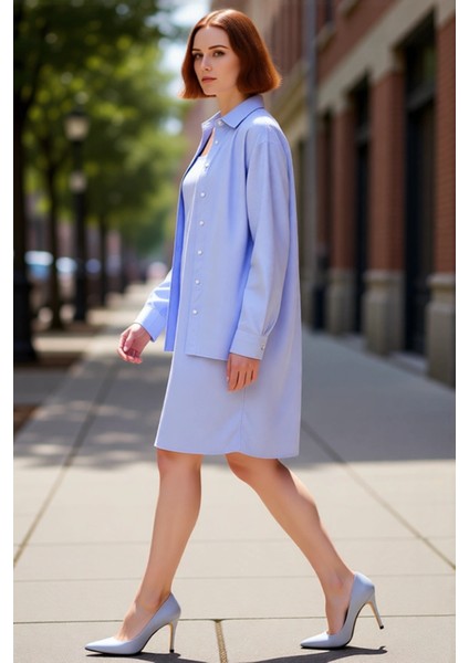 Kadın Casual Çizgili Dokuma Mini Elbise Gömlek Seti Büyük Beden Uzun Kollu Konforlu Kombin fırsatları