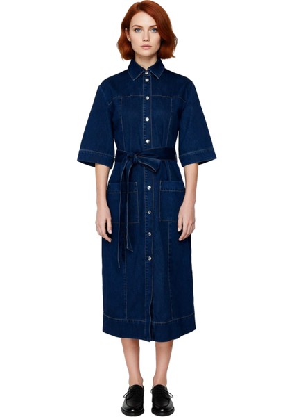 Kadın Düz Desen Shift Kalıp Gömlek Yaka Kısa Kollu Mavi %100 Pamuk Denim Maxi Elbise Casual Şıklık