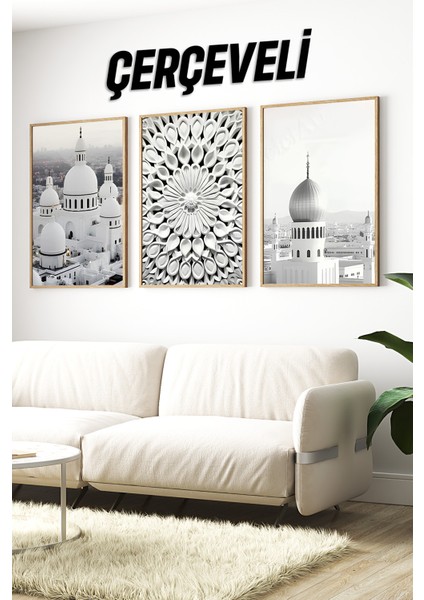 🕌 Islami Mimari ve Geometrik Desenli 3’lü Çerçeveli Tablo Seti 🖼️ CRV1216 23 x 32