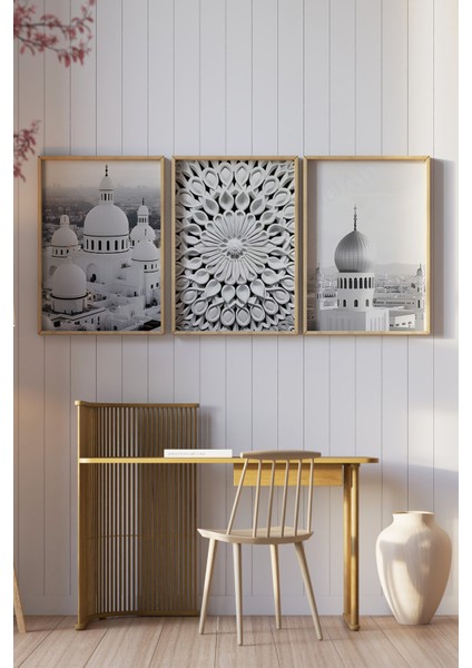 🕌 Islami Mimari ve Geometrik Desenli 3’lü Çerçeveli Tablo Seti 🖼️ CRV1216 23 x 32 fiyatları